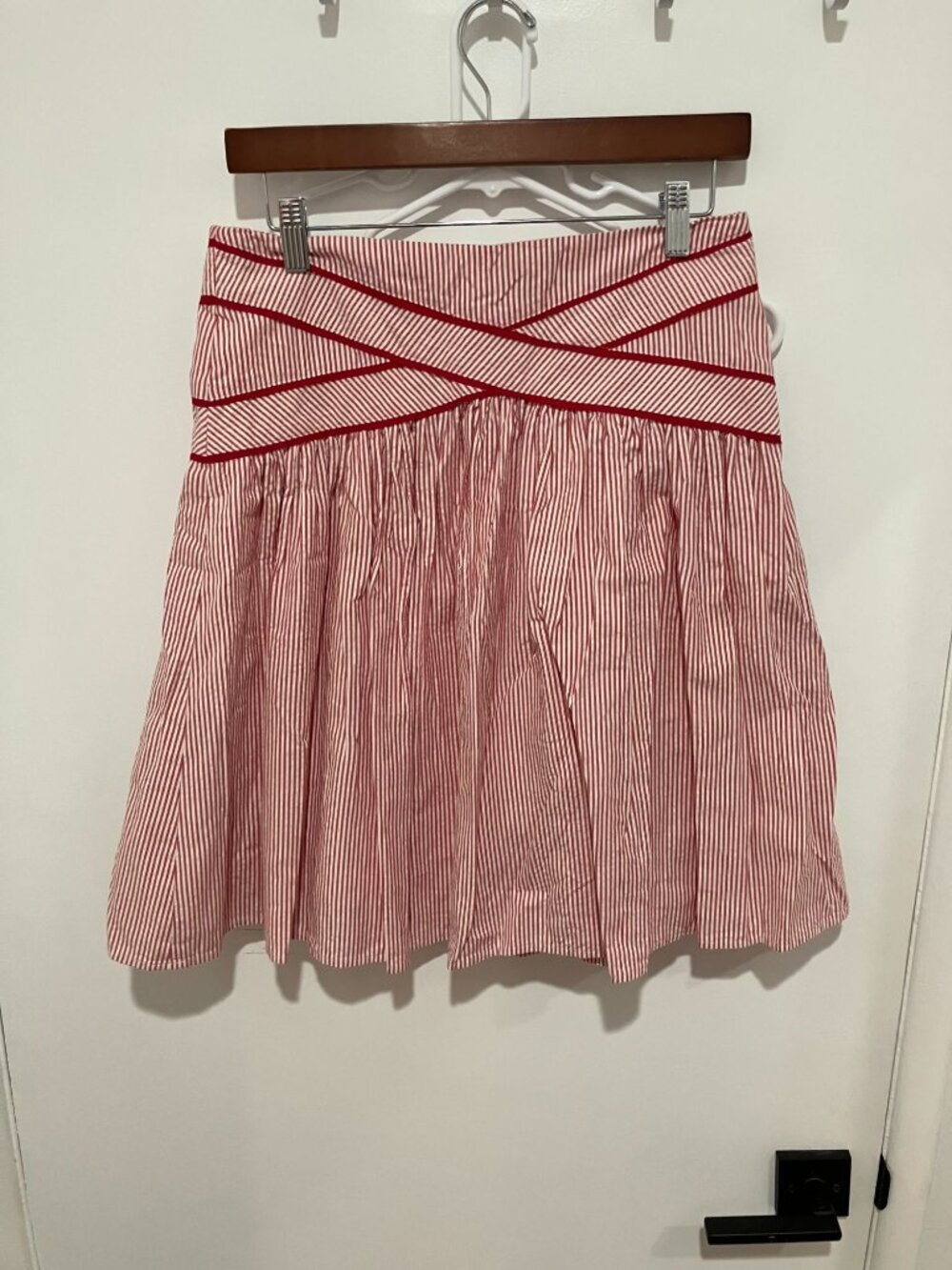 VIOLA Red White Striped Flare Mini Skirt Pleated Cotton Criss Cross Waist Medium
